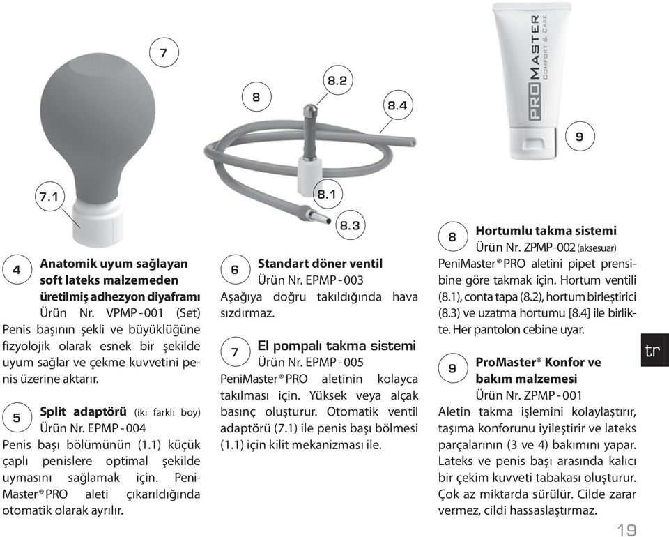 EPMP - 004 Penis başı bölümünün (1.1) küçük çaplı penislere optimal şekilde uymasını sağlamak için. Peni- Master PRO aleti çıkarıldığında otomatik olarak ayrılır. 8.3 Standart döner ventil Ürün Nr.