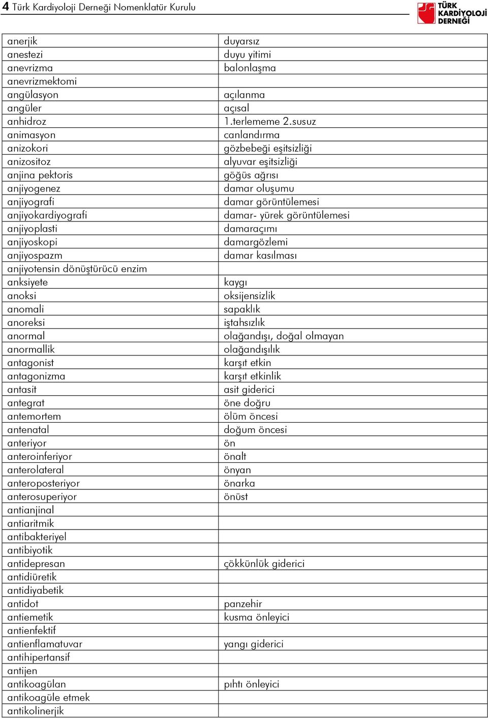 antenatal anteriyor anteroinferiyor anterolateral anteroposteriyor anterosuperiyor antianjinal antiaritmik antibakteriyel antibiyotik antidepresan antidiüretik antidiyabetik antidot antiemetik