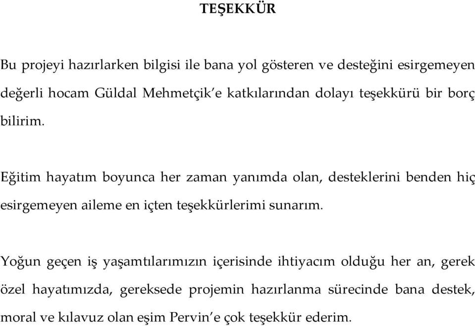 Eğitim hayatım boyunca her zaman yanımda olan, desteklerini benden hiç esirgemeyen aileme en içten teşekkürlerimi sunarım.