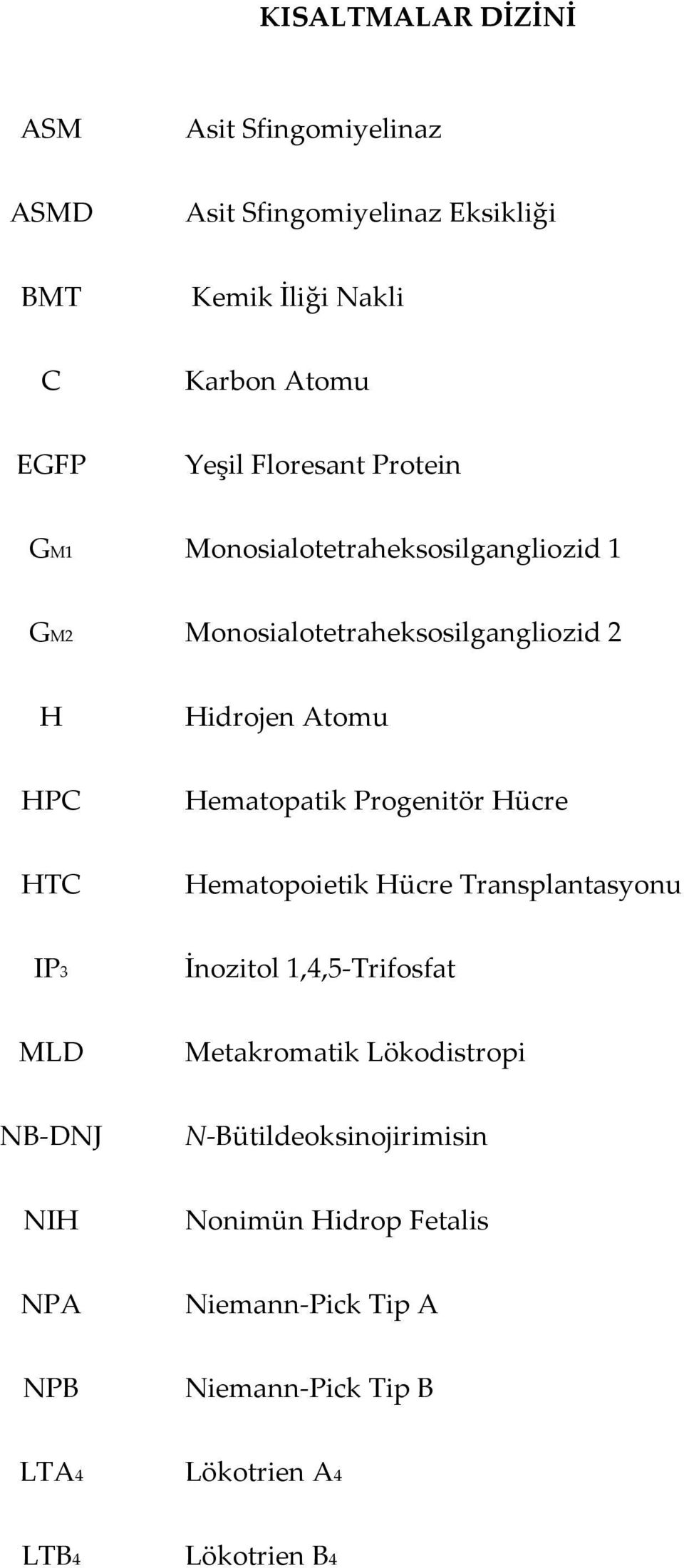 Progenitör Hücre HTC Hematopoietik Hücre Transplantasyonu IP3 İnozitol 1,4,5-Trifosfat MLD Metakromatik Lökodistropi NB-DNJ