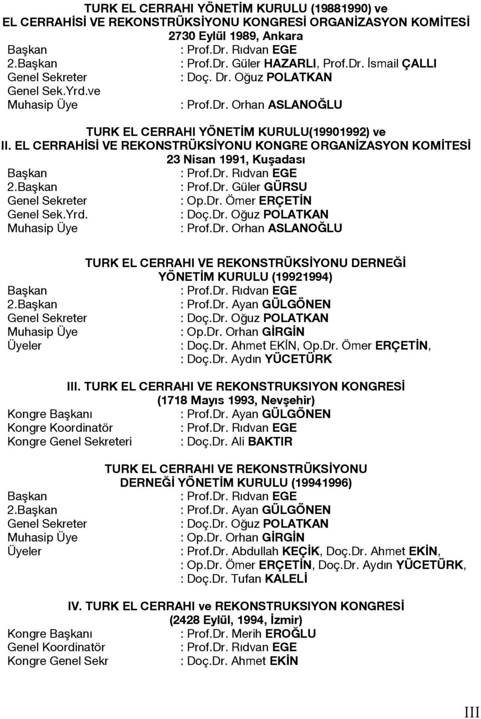 EL CERRAHİSİ VE REKONSTRÜKSİYONU KONGRE ORGANİZASYON KOMİTESİ 23 Nisan 1991, Kuşadası Başkan : Prof.Dr. Rıdvan EGE 2.Başkan : Prof.Dr. Güler GÜRSU Genel Sekreter : Op.Dr. Ömer ERÇETİN Genel Sek.Yrd.