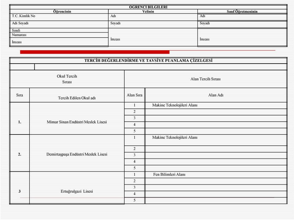 Kimlik No Adı Adı Adı Soyadı Soyadı Soyadı Sınıfı Numarası İmzası İmzası İmzası TERCİH DEĞERLENDİRME VE TAVSİYE