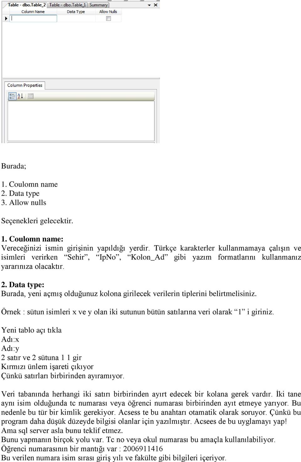 Data type: Burada, yeni açmış olduğunuz kolona girilecek verilerin tiplerini belirtmelisiniz. Örnek : sütun isimleri x ve y olan iki sutunun bütün satılarına veri olarak 1 i giriniz.