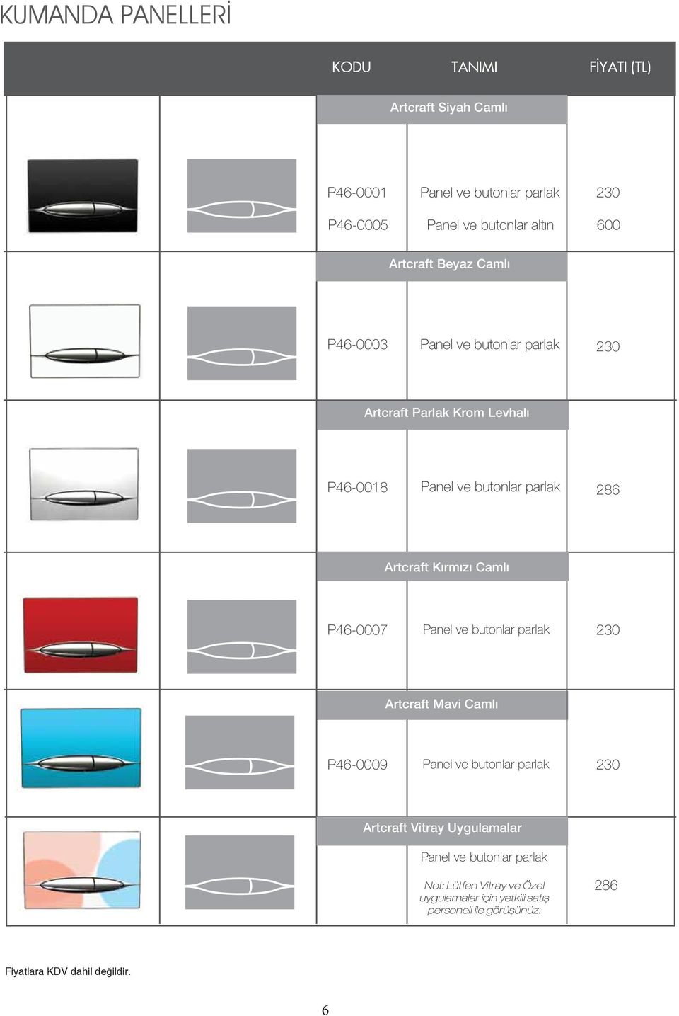 parlak 286 Artcraft Kırmızı Camlı P46-0007 Panel ve butonlar parlak 230 Artcraft Mavi Camlı P46-0009 Panel ve butonlar parlak 230