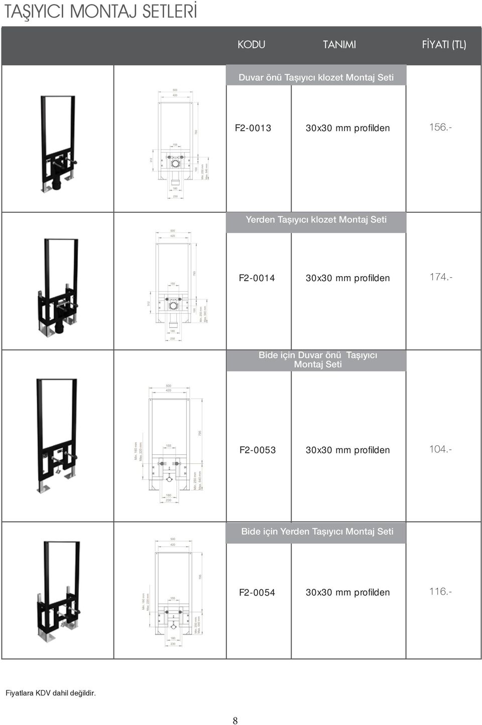 - Yerden Taşıyıcı klozet Montaj Seti F2-0014 30x30 mm profilden Bide için Duvar önü