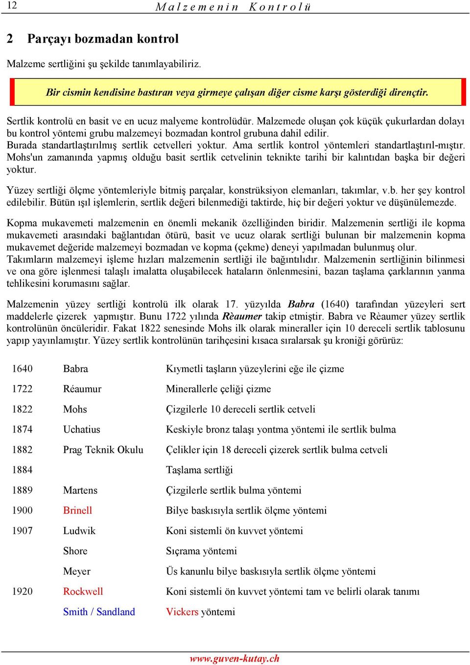 Burada standartlaştırılmış sertlik cetvelleri yoktur. Ama sertlik kontrol yöntemleri standartlaştırıl-mıştır.