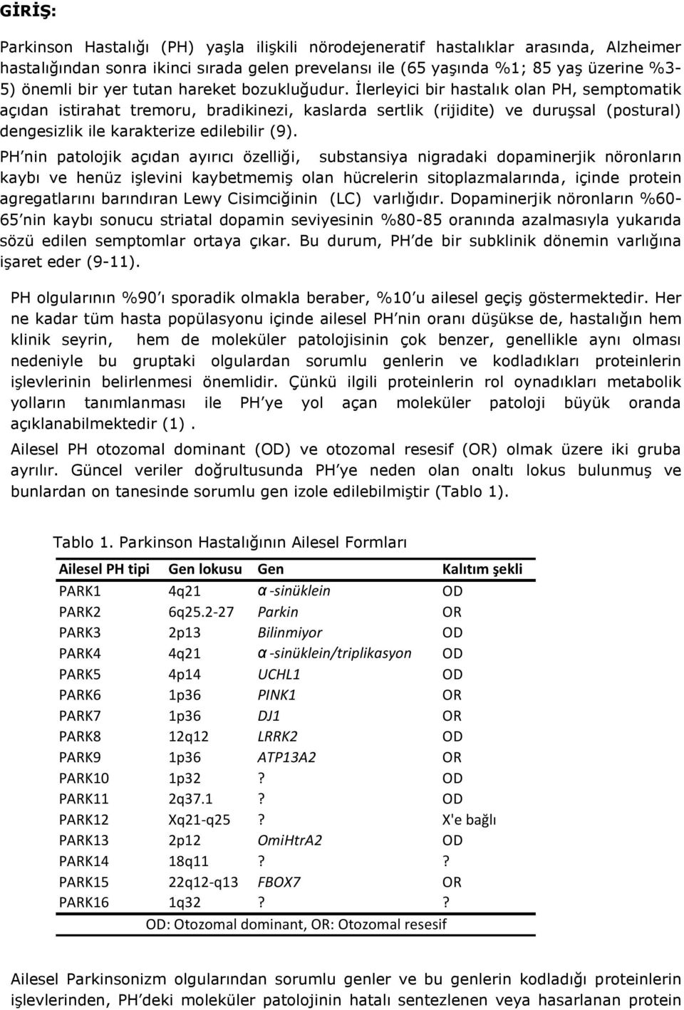 İlerleyici bir hastalık olan PH, semptomatik açıdan istirahat tremoru, bradikinezi, kaslarda sertlik (rijidite) ve duruşsal (postural) dengesizlik ile karakterize edilebilir (9).