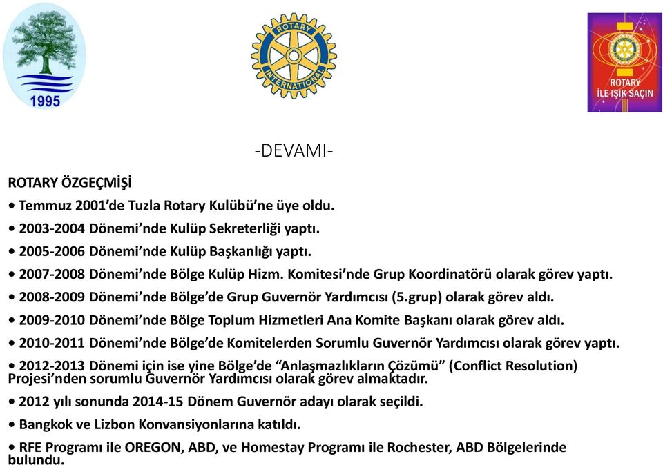 2009-2010 Dönemi nde Bölge Toplum Hizmetleri Ana Komite Başkanı olarak görev aldı. 2010-2011 Dönemi nde Bölge de Komitelerden Sorumlu Guvernör Yardımcısı olarak görev yaptı.