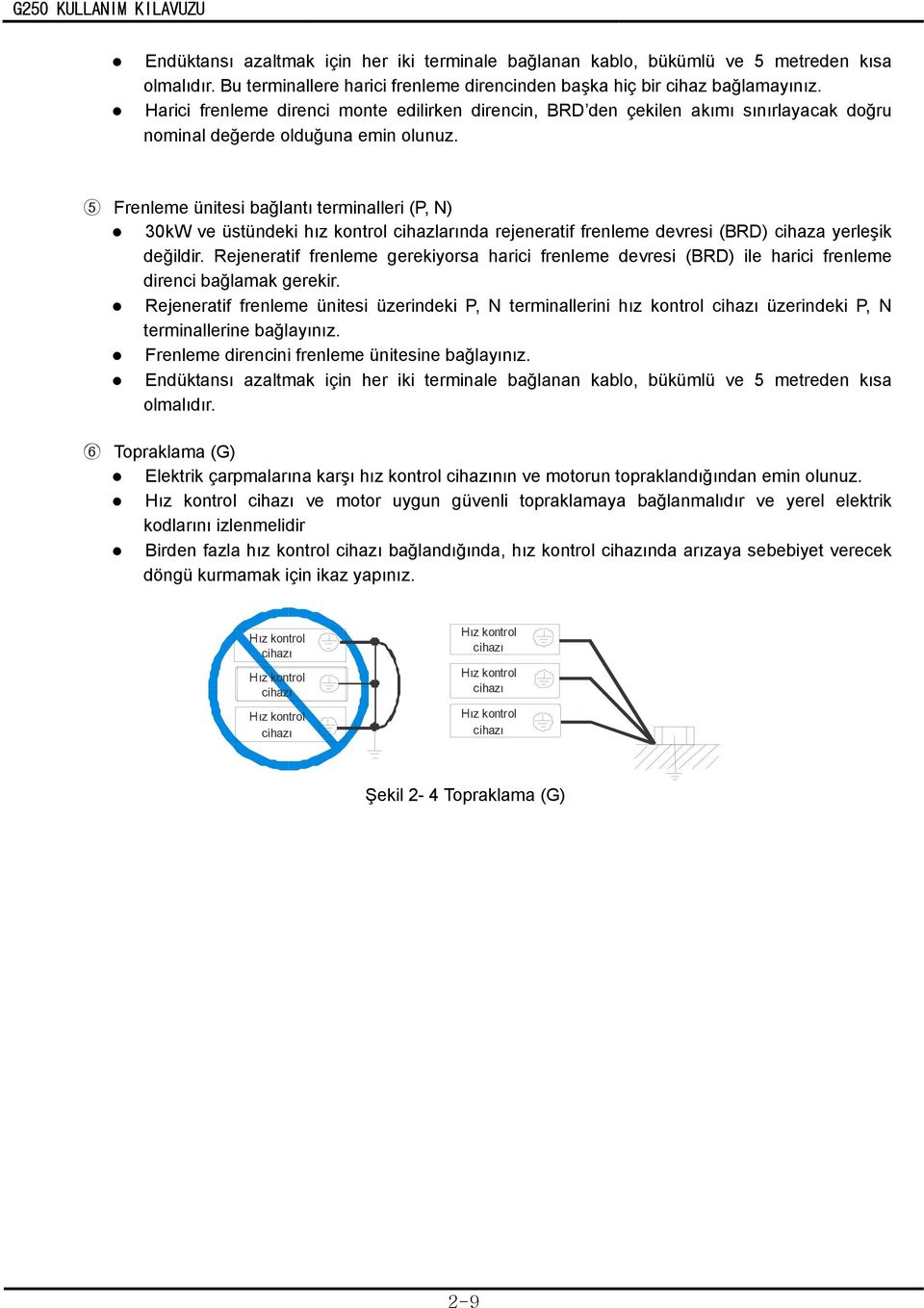 5 Frenleme ünitesi bağlantı terminalleri (P, N) 30kW ve üstündeki hız kontrol cihazlarında rejeneratif frenleme devresi (BRD) cihaza yerleşik değildir.