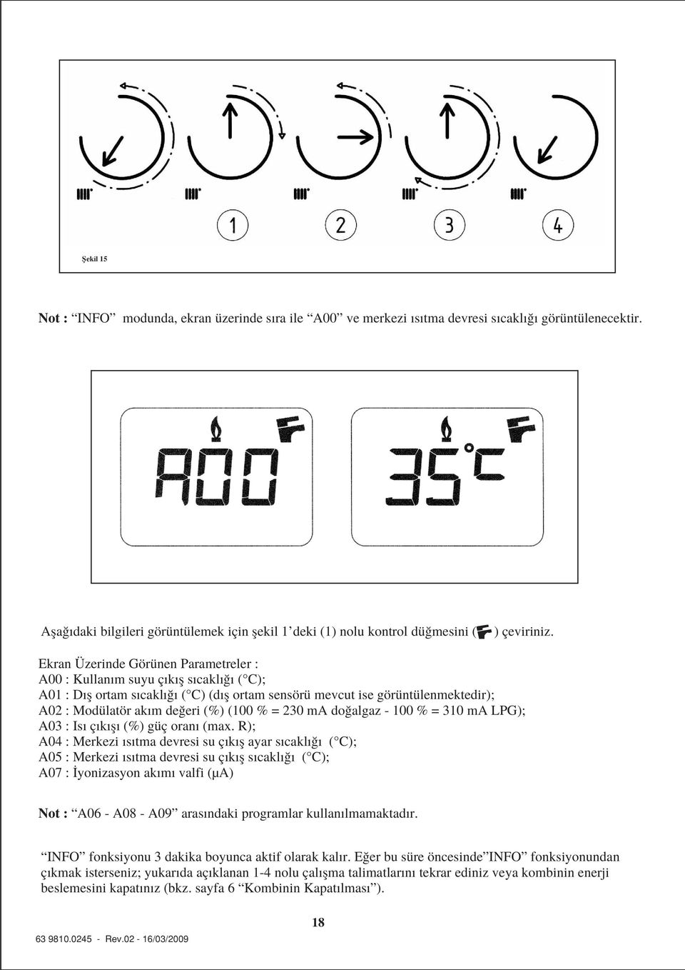 Ekran Üzerinde Görünen Parametreler : A00 : Kullan m suyu ç k fl s cakl ( C); A01 : D fl ortam s cakl ( C) (d fl ortam sensörü mevcut ise görüntülenmektedir); A02 : Modülatör ak m de eri (%) (100 % =