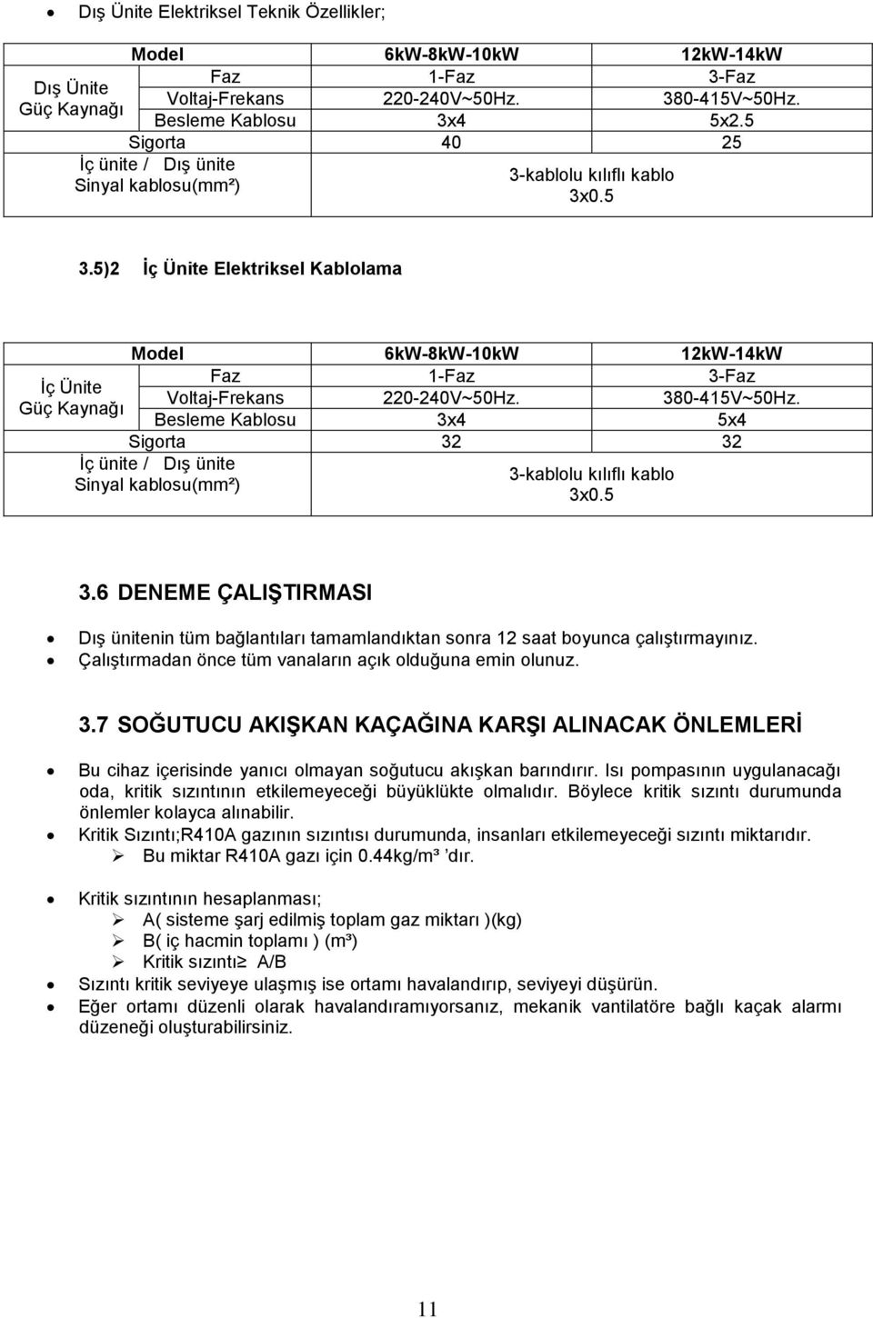 5)2 İç Ünite Elektriksel Kablolama İç Ünite Güç Kaynağı Model 6kW-8kW-10kW 12kW-14kW Faz 1-Faz 3-Faz Voltaj-Frekans 220-240V~50Hz. 380-415V~50Hz.