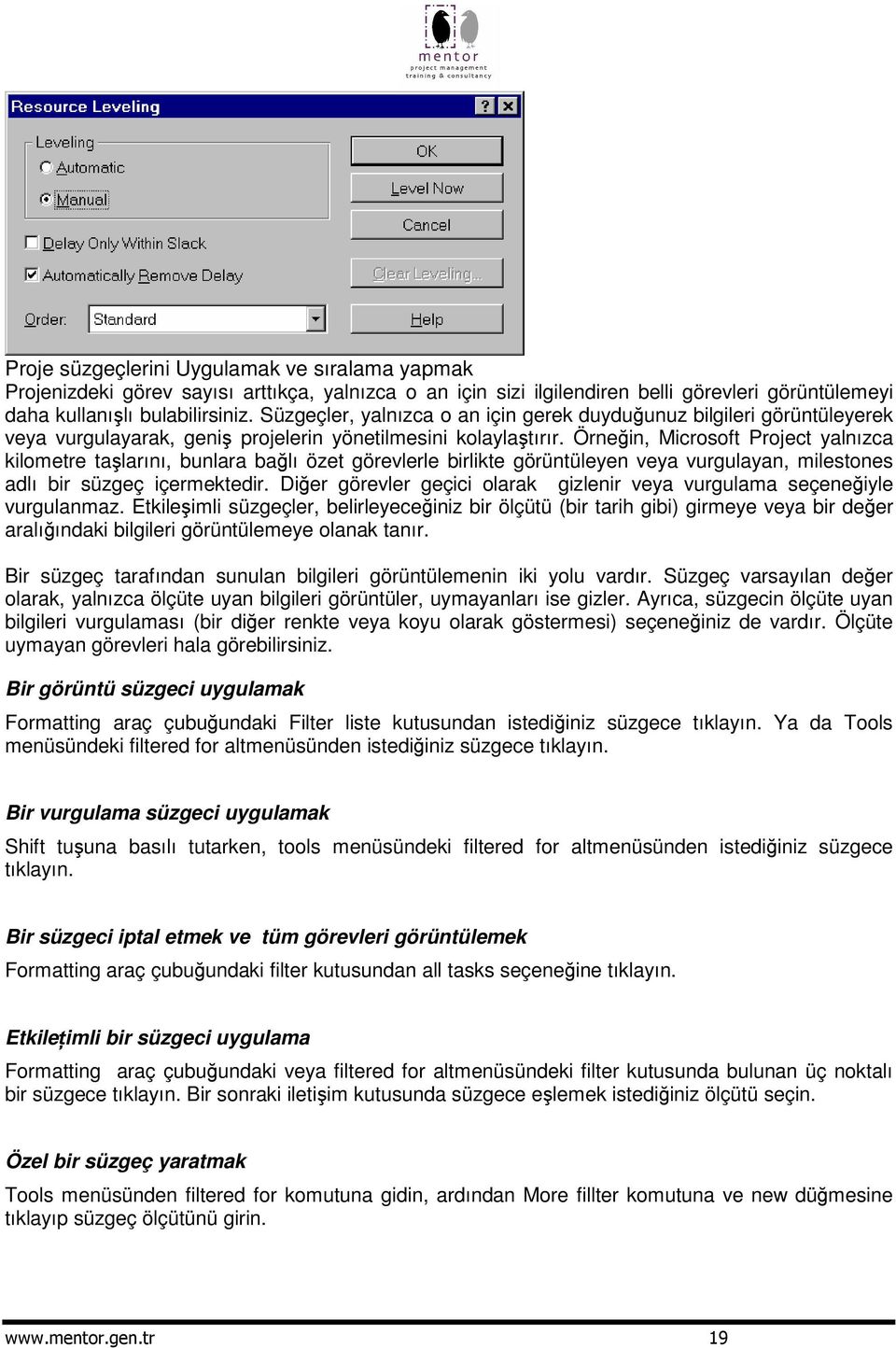 Örnein, Microsoft Project yalnızca kilometre talarını, bunlara balı özet görevlerle birlikte görüntüleyen veya vurgulayan, milestones adlı bir süzgeç içermektedir.