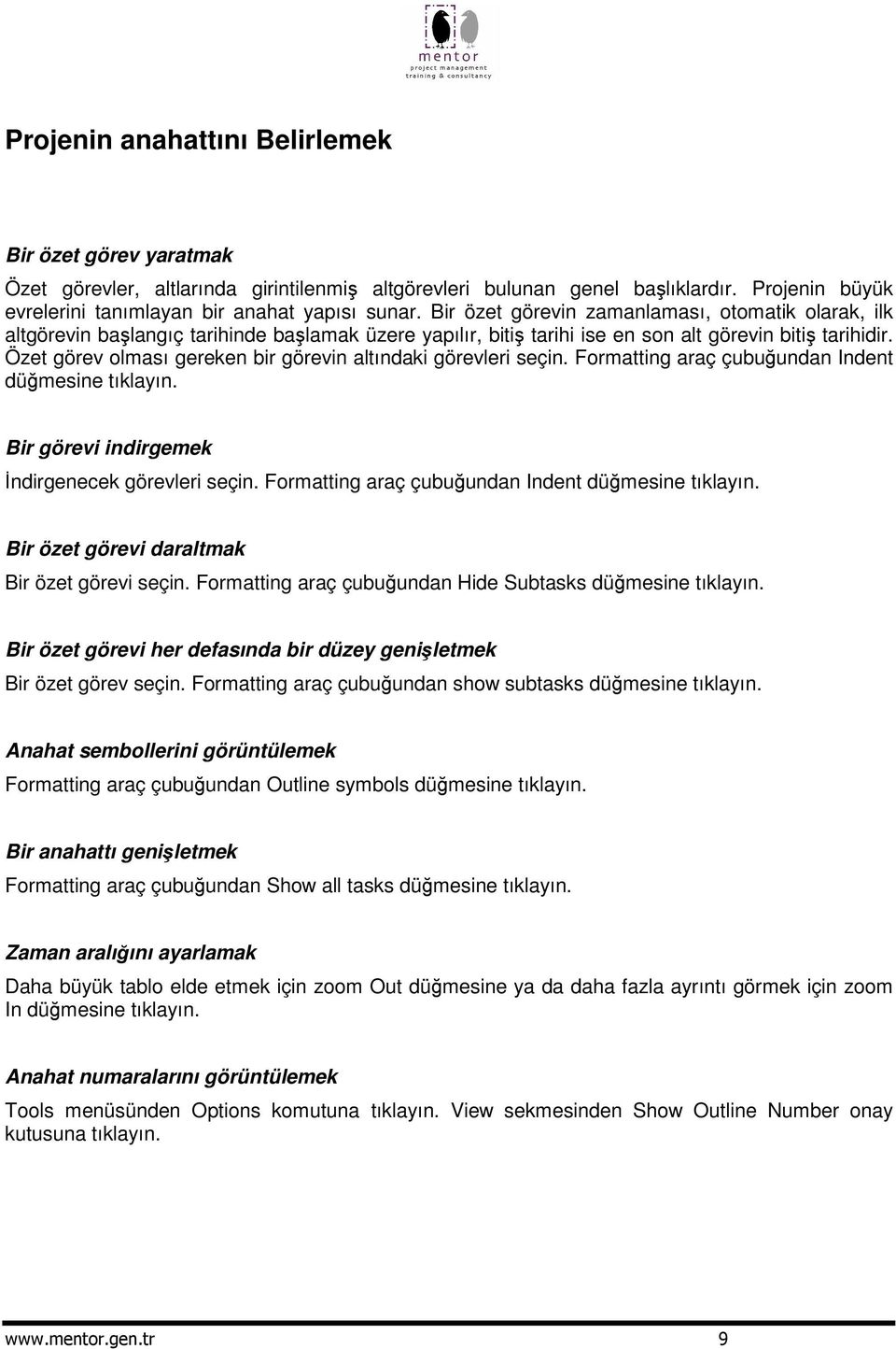 Özet görev olması gereken bir görevin altındaki görevleri seçin. Formatting araç çubuundan Indent dümesine tıklayın. Bir görevi indirgemek ndirgenecek görevleri seçin.