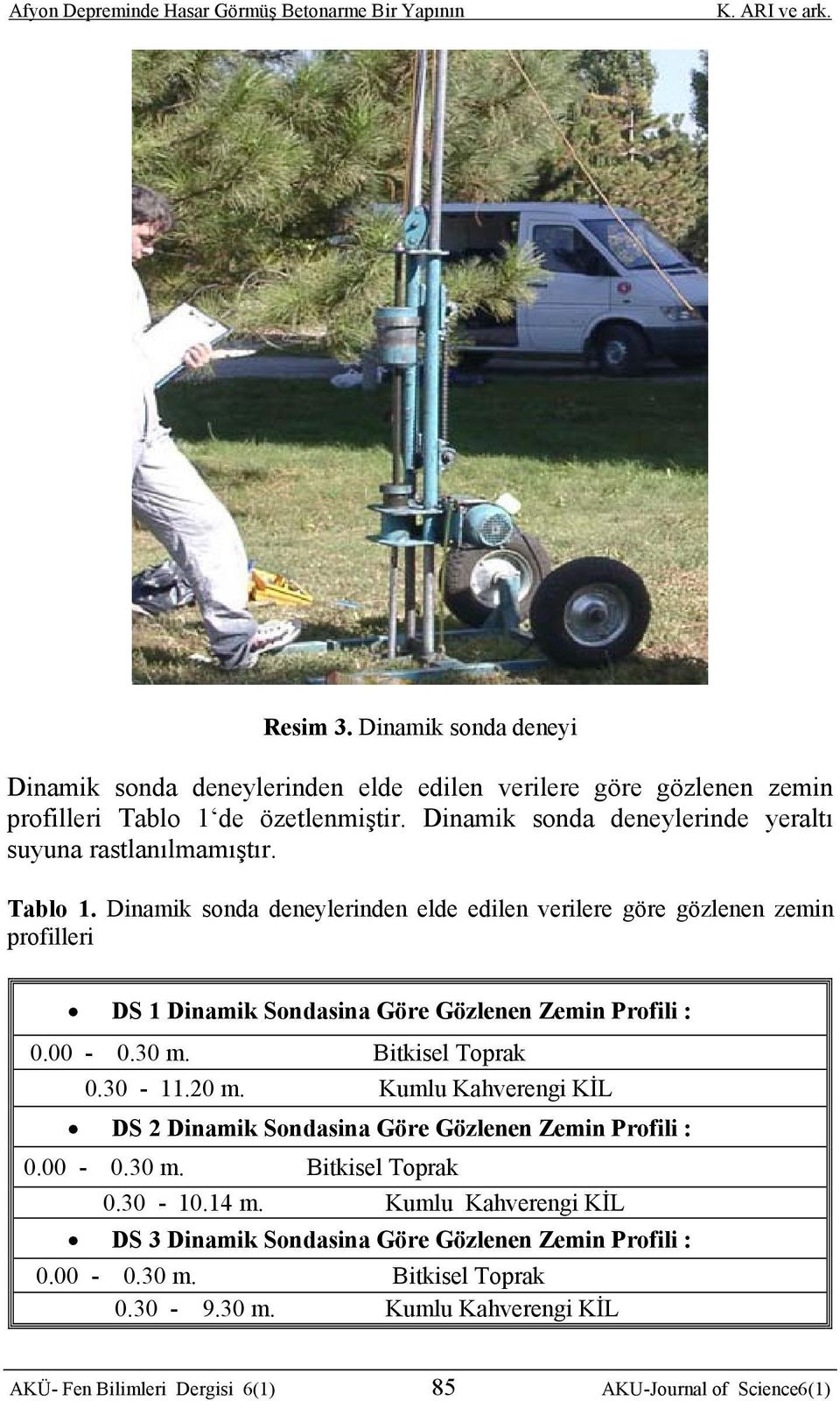 Dinamik sonda deneylerinden elde edilen verilere göre gözlenen zemin profilleri DS 1 Dinamik Sondasina Göre Gözlenen Zemin Profili : 0.00-0.30 m. Bitkisel Toprak 0.30-11.20 m.