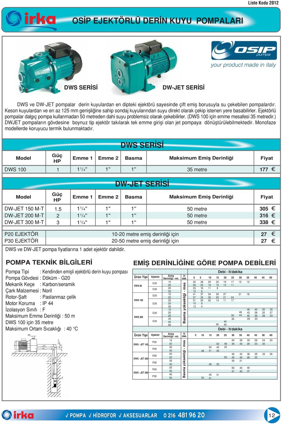 Ejektörlü pompalar dalg ç pompa kullanmadan metreden dahi suyu problemsiz olarak çekebilirler. (DWS 0 için emme mesafesi metredir.