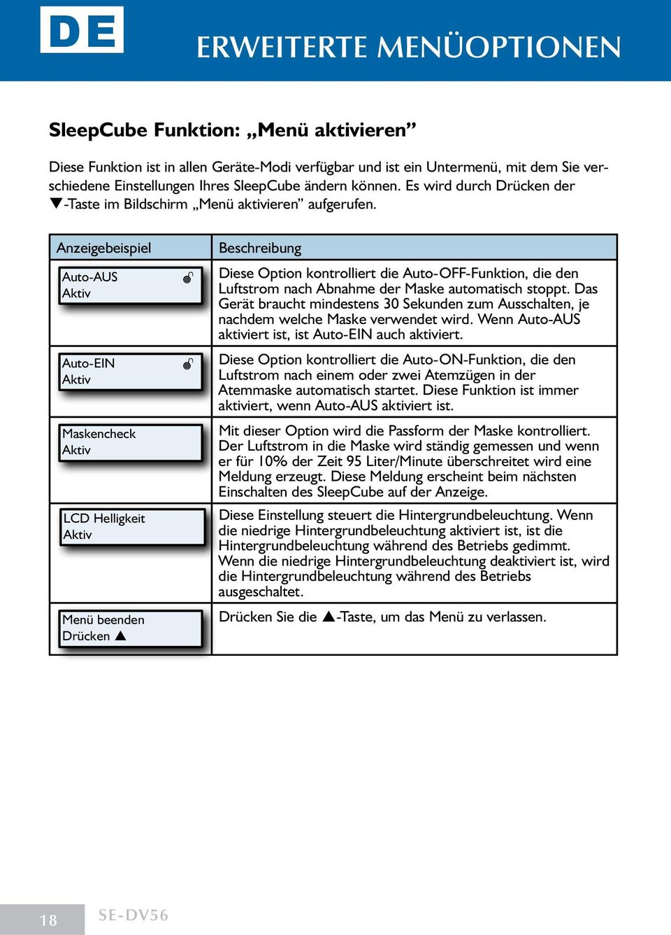 Anzeigebeispiel Auto-AUS Aktiv Auto-EIN Aktiv Maskencheck Aktiv LCD Helligkeit Aktiv Menü beenden Drücken Beschreibung Diese Option kontrolliert die Auto-OFF-Funktion, die den Luftstrom nach Abnahme