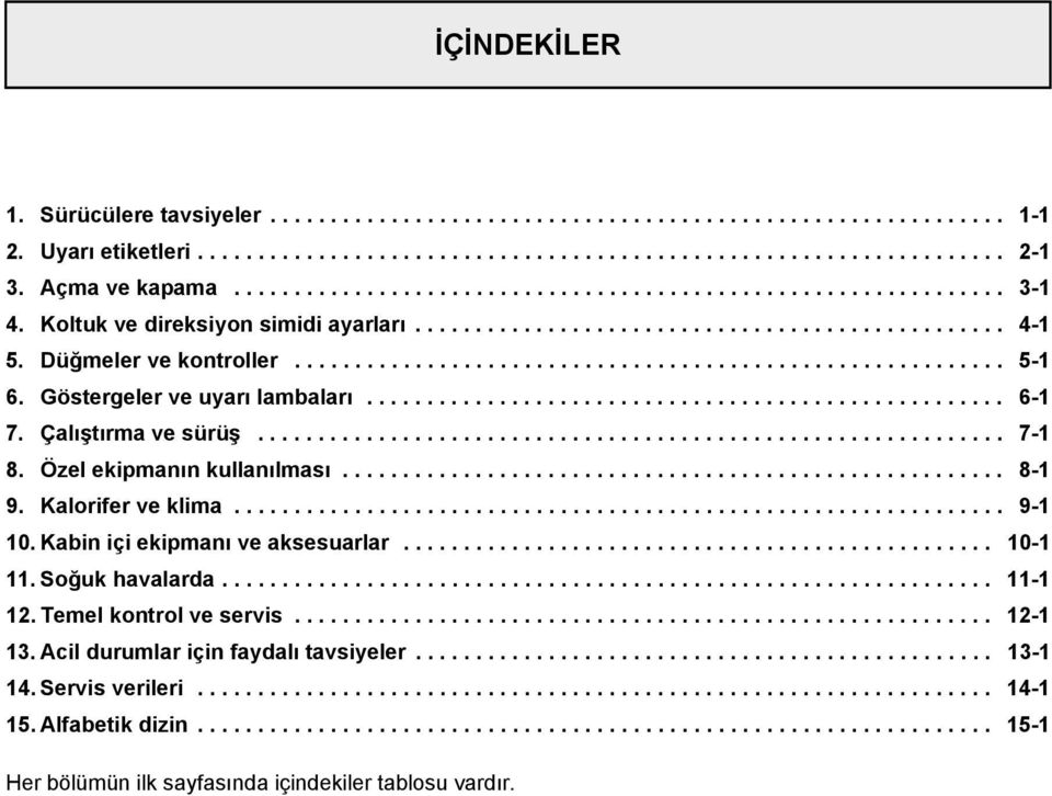 Düğmeler ve kontroller........................................................... 5-1 6. Göstergeler ve uyarı lambaları..................................................... 6-1 7. Çalıştırma ve sürüş.