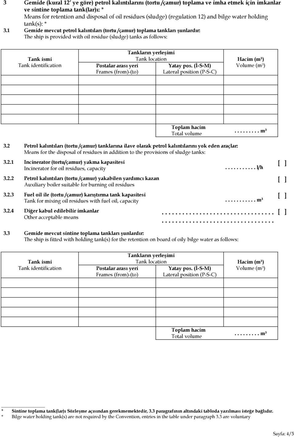 1 Gemide mevcut petrol kalıntıları (tortu /çamur) toplama tankları şunlardır: The ship is provided with oil residue (sludge) tanks as follows: Tank ismi Tank identification Postalar arası yeri Frames