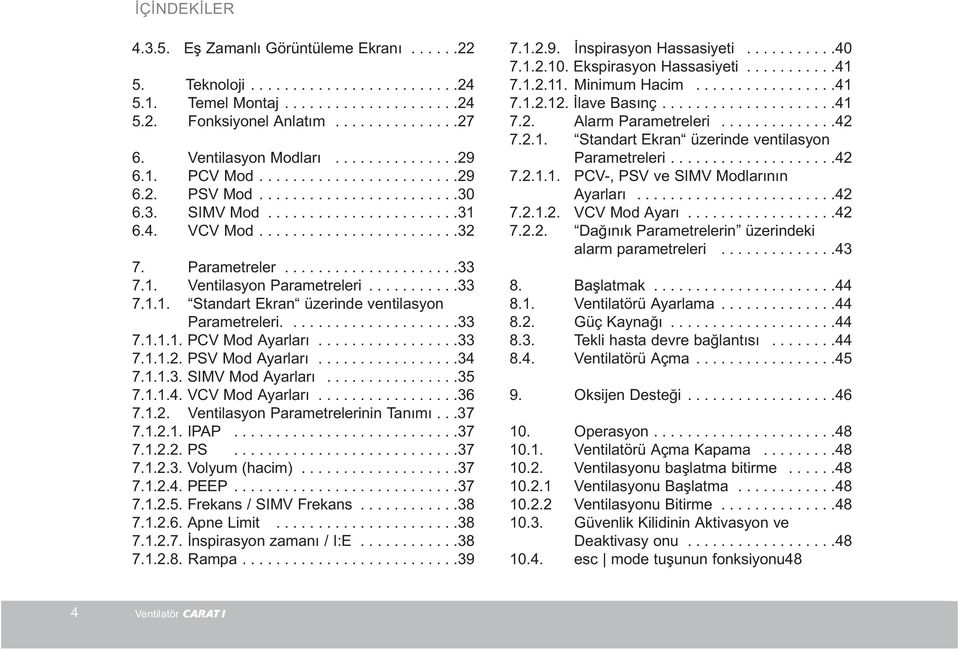 Parametreler.....................33 7.1. Ventilasyon Parametreleri...........33 7.1.1. Standart Ekran üzerinde ventilasyon Parametreleri.....................33 7.1.1.1. PCV Mod Ayarlarý.................33 7.1.1.2.