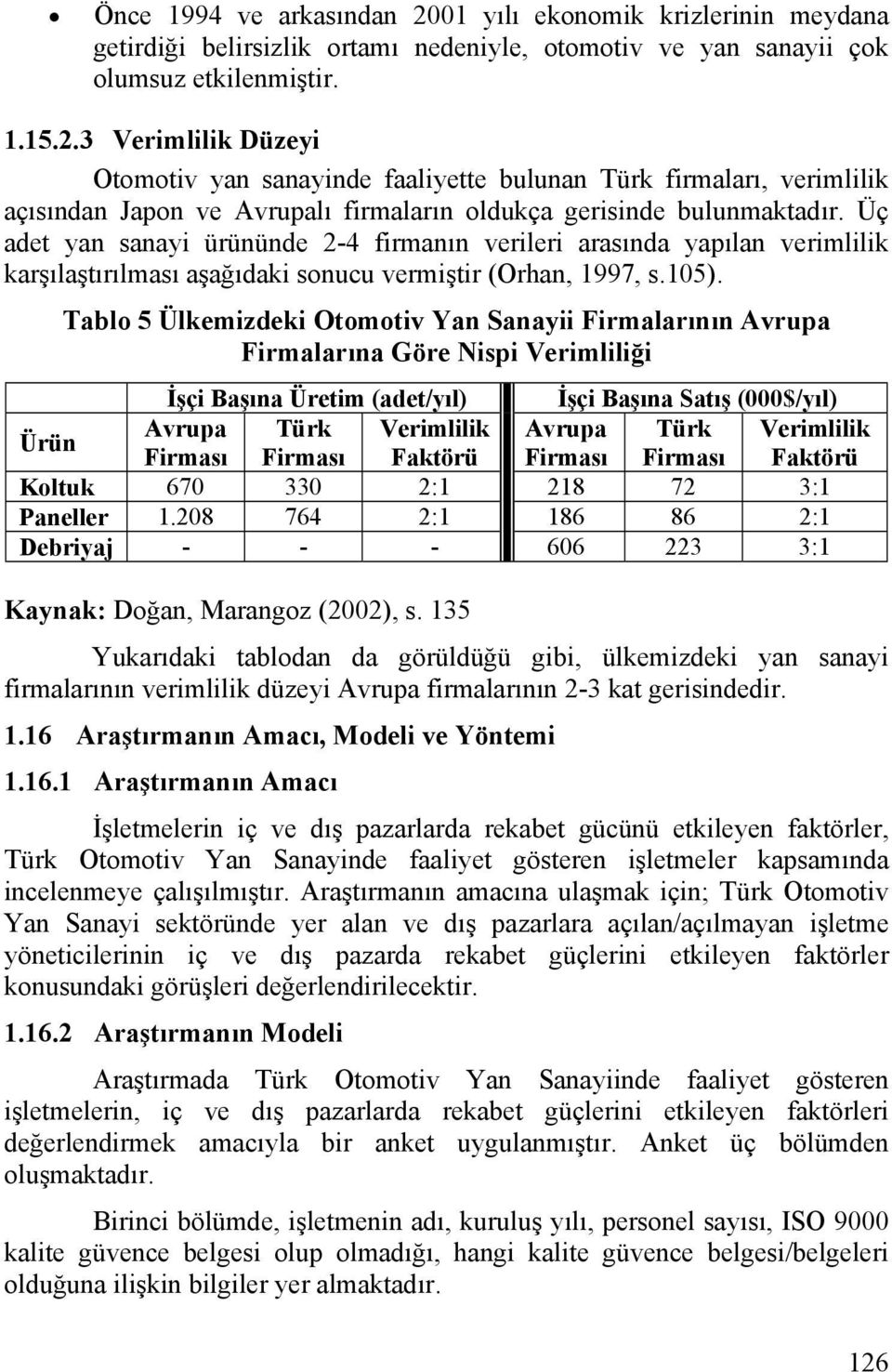 Tablo 5 Ülkemizdeki Otomotiv Yan Sanayii Firmalarının Avrupa Firmalarına Göre Nispi Verimliliği İşçi Başına Üretim (adet/yıl) İşçi Başına Satış (000$/yıl) Ürün Avrupa Türk Verimlilik Avrupa Türk