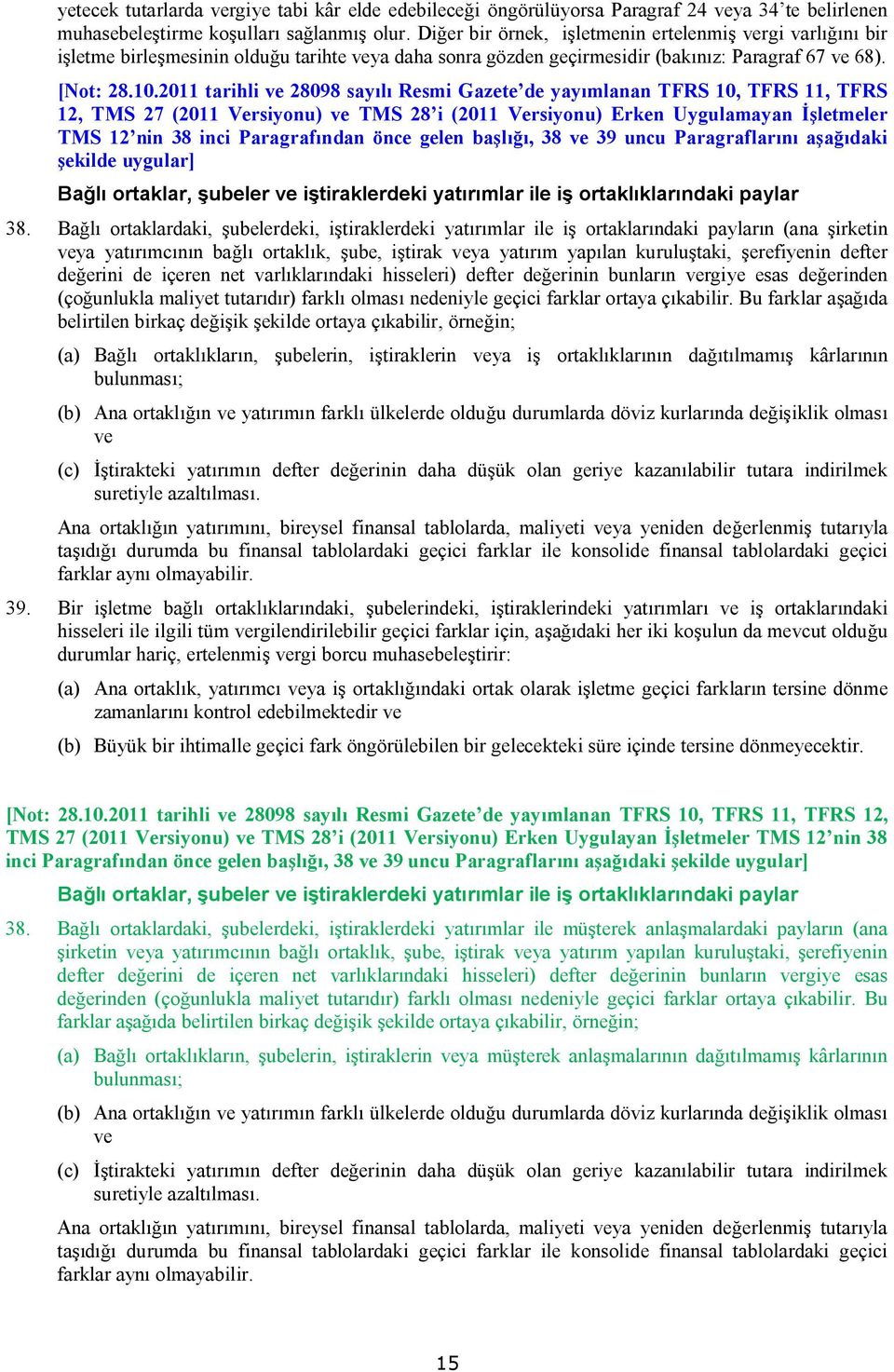 2011 tarihli ve 28098 sayılı Resmi Gazete de yayımlanan TFRS 10, TFRS 11, TFRS 12, TMS 27 (2011 Versiyonu) ve TMS 28 i (2011 Versiyonu) Erken Uygulamayan İşletmeler TMS 12 nin 38 inci Paragrafından