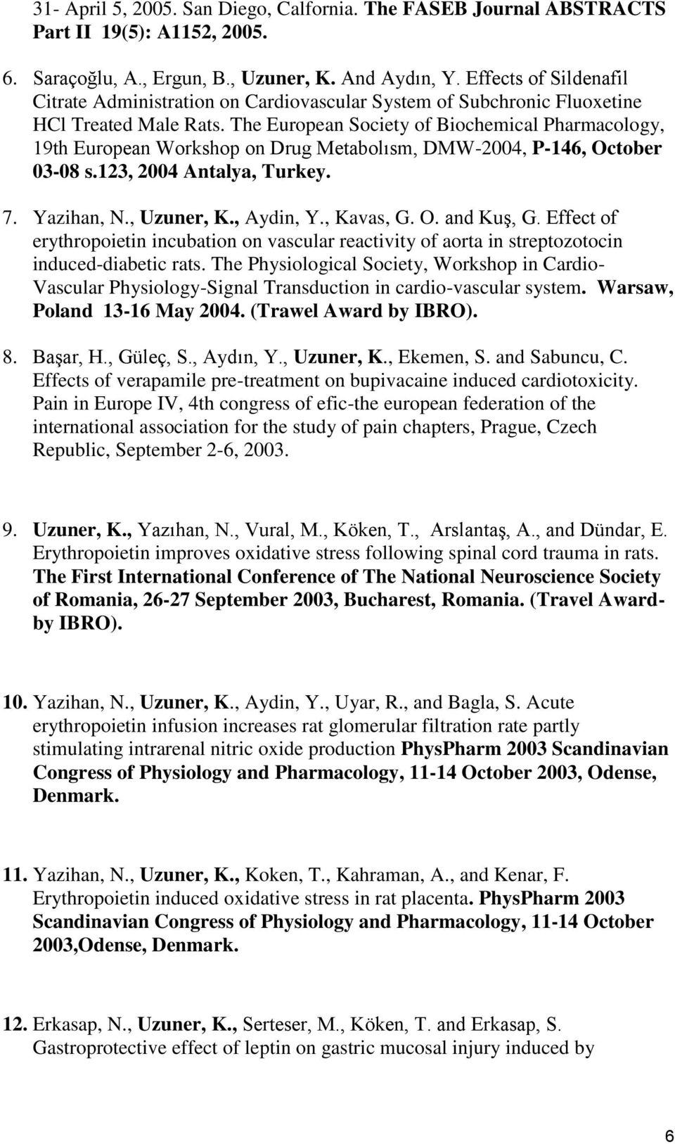 The European Society of Biochemical Pharmacology, 19th European Workshop on Drug Metabolısm, DMW-2004, P-146, October 03-08 s.123, 2004 Antalya, Turkey. 7. Yazihan, N., Uzuner, K., Aydin, Y.