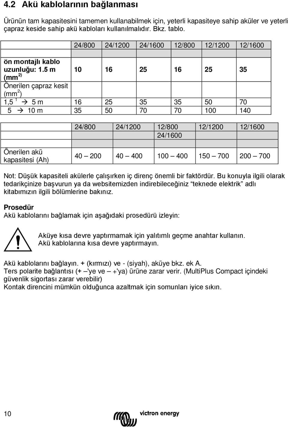 5 m 10 16 25 16 25 35 (mm 2) Önerilen çapraz kesit (mm 2 ) 1,5 1 5 m 16 25 35 35 50 70 5 10 m 35 50 70 70 100 140 24/800 24/1200 12/800 12/1200 12/1600 24/1600 Önerilen akü kapasitesi (Ah) 40 200 40