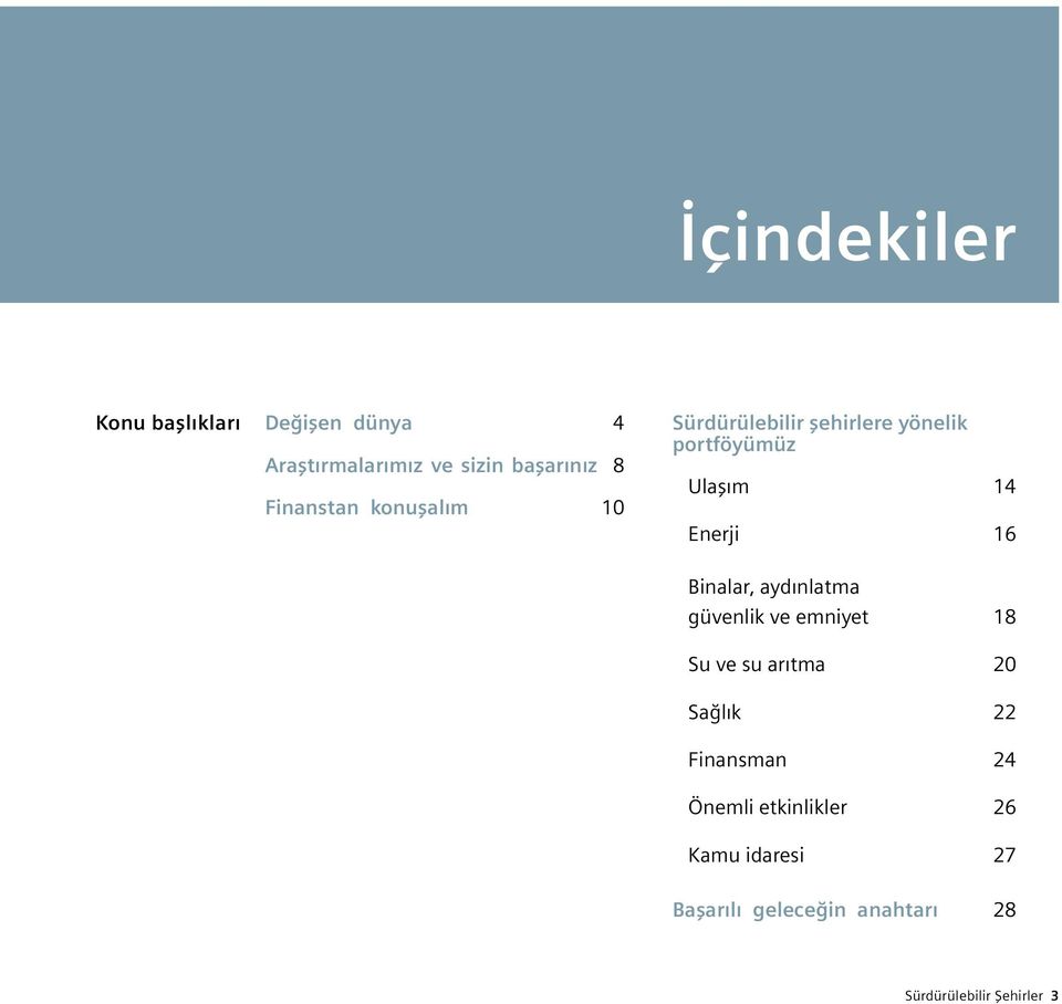 Binalar, aydınlatma güvenlik ve emniyet 18 Su ve su arıtma 20 Sağlık 22 Finansman 24