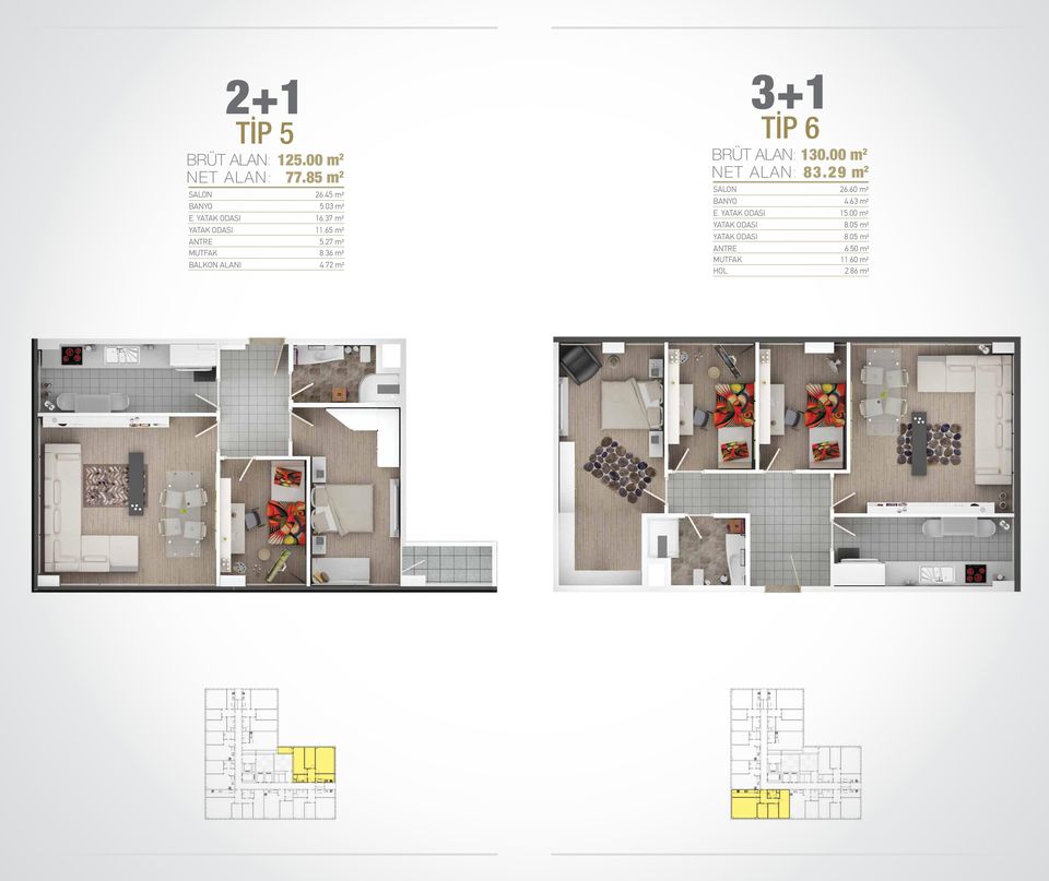 65 m² ANTRE 5.27 m² MUTFAK 8.36 m² BALKON ALANI 4.72 m² SALON 26.60 m² BANYO 4.63 m² E.
