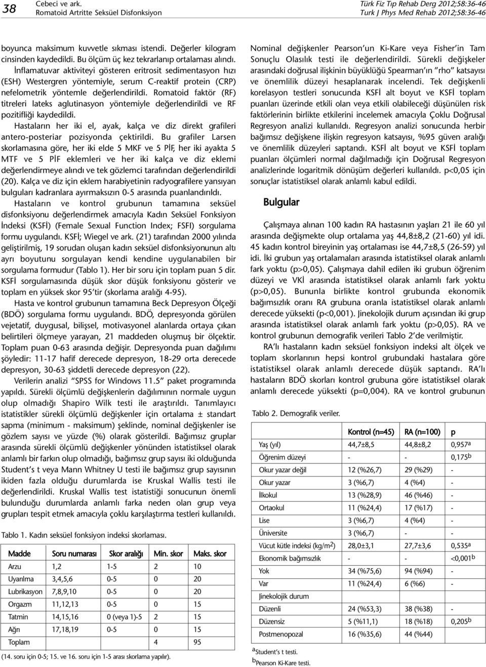 İnflamatuvar aktiviteyi gösteren eritrosit sedimentasyon hızı (ESH) Westergren yöntemiyle, serum C-reaktif protein (CRP) nefelometrik yöntemle değerlendirildi.