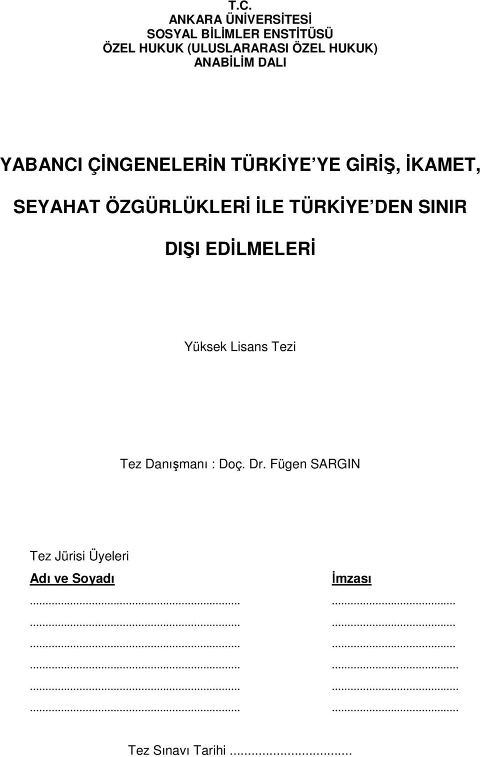 TÜRKİYE DEN SINIR DIŞI EDİLMELERİ Yüksek Lisans Tezi Tez Danışmanı : Doç. Dr.