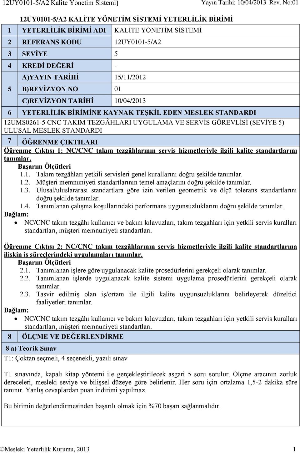 B)REVİZYON NO 01 C)REVİZYON TARİHİ 10/04/2013 6 YETERLİLİK BİRİMİNE KAYNAK TEŞKİL EDEN MESLEK STANDARDI 12UMS0261-5 CNC TAKIM TEZGÂHLARI UYGULAMA VE SERVİS GÖREVLİSİ (SEVİYE 5) ULUSAL MESLEK