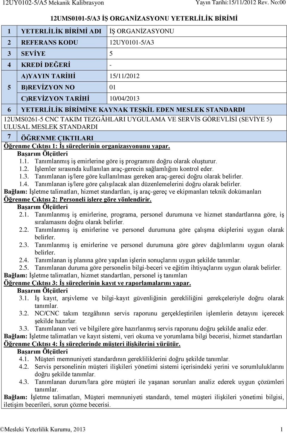 C)REVİZYON TARİHİ 10/04/2013 6 YETERLİLİK BİRİMİNE KAYNAK TEŞKİL EDEN MESLEK STANDARDI 12UMS0261-5 CNC TAKIM TEZGÂHLARI UYGULAMA VE SERVİS GÖREVLİSİ (SEVİYE 5) ULUSAL MESLEK STANDARDI 7 ÖĞRENME