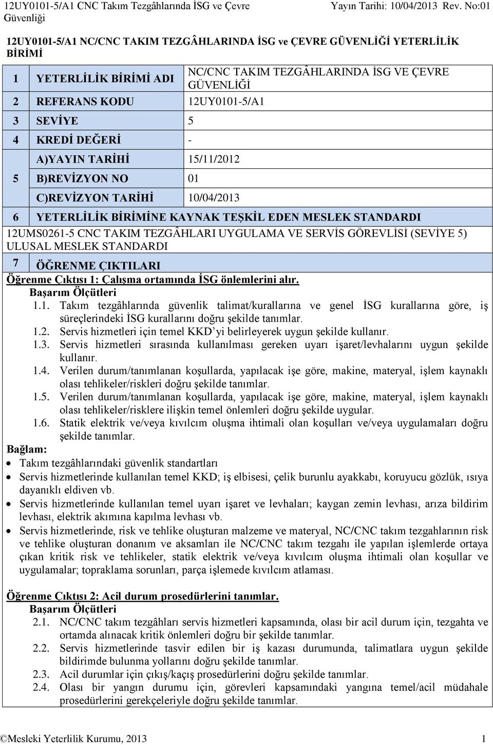 SEVİYE 5 4 KREDİ DEĞERİ - A)YAYIN TARİHİ 15/11/2012 5 B)REVİZYON NO 01 C)REVİZYON TARİHİ 10/04/2013 6 YETERLİLİK BİRİMİNE KAYNAK TEŞKİL EDEN MESLEK STANDARDI 12UMS0261-5 CNC TAKIM TEZGÂHLARI UYGULAMA