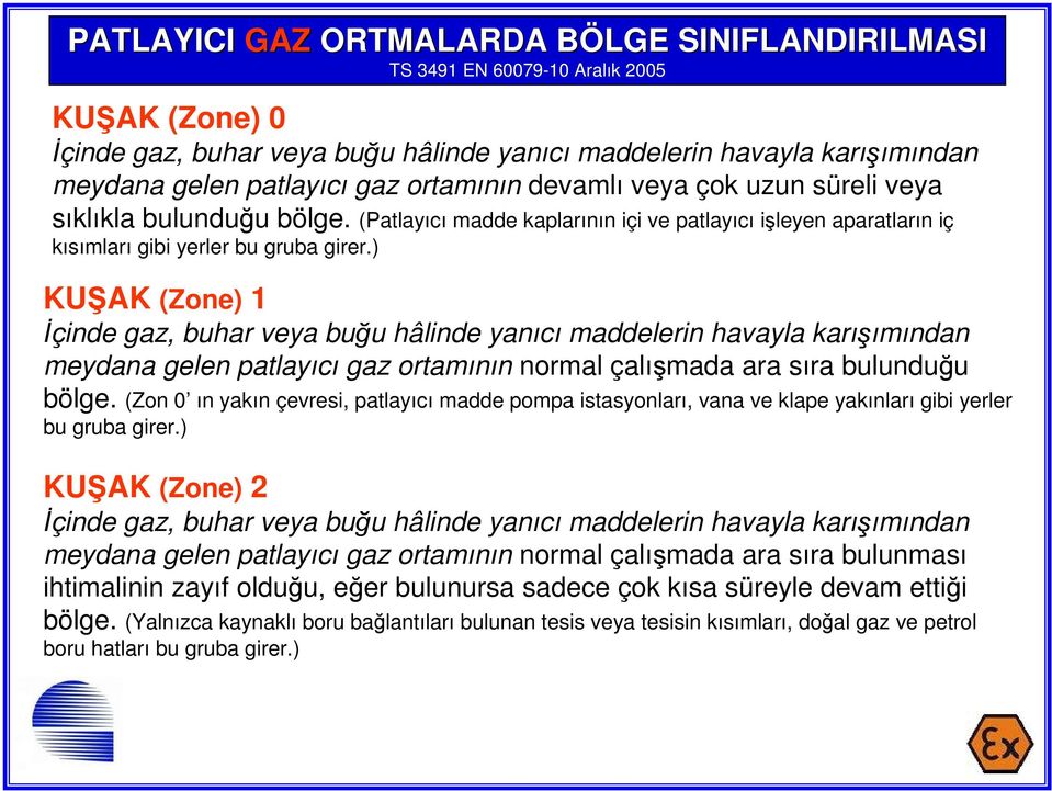 ) KU AK (Zone) 1 İçinde gaz, buhar veya buğu hâlinde yanıcı maddelerin havayla karışımından meydana gelen patlayıcı gaz ortamının normal çalışmada ara sıra bulunduğu bölge.