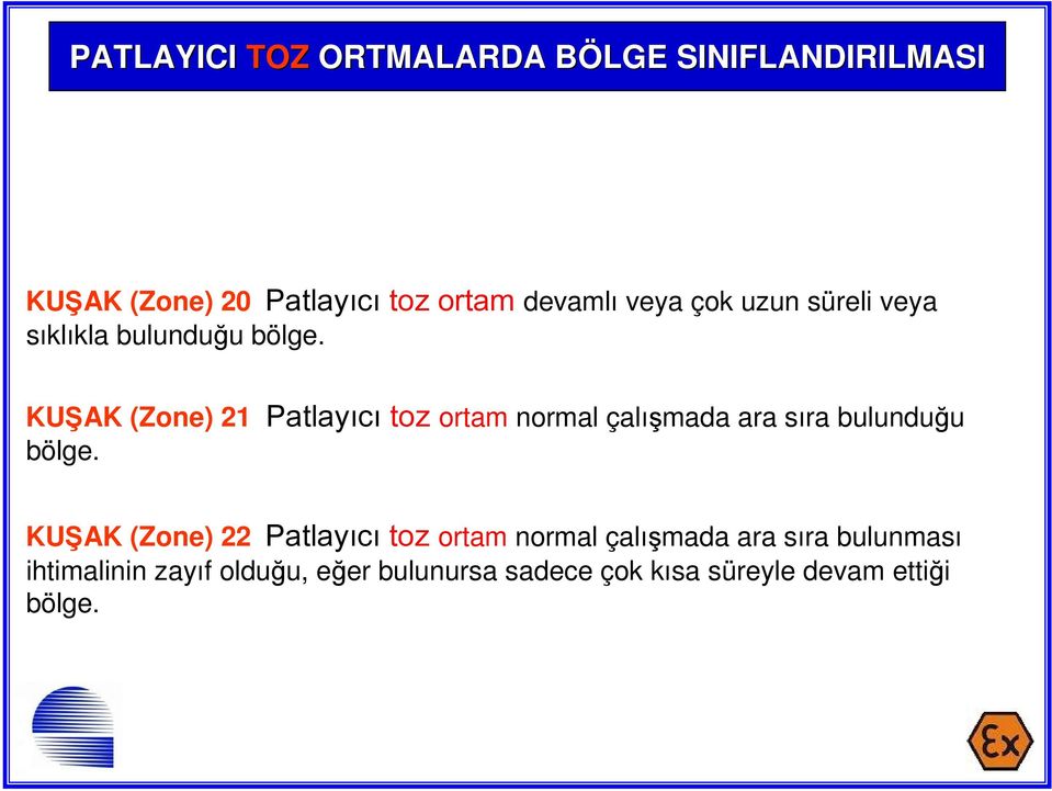 KU AK (Zone) 21 Patlayıcı toz ortam normal çalışmada ara sıra bulunduğu bölge.