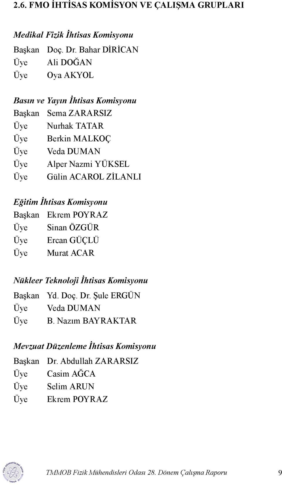 YÜKSEL Üye Gülin ACAROL ZİLANLI Eğitim İhtisas Komisyonu Başkan Ekrem POYRAZ Üye Sinan ÖZGÜR Üye Ercan GÜÇLÜ Üye Murat ACAR Nükleer Teknoloji İhtisas Komisyonu