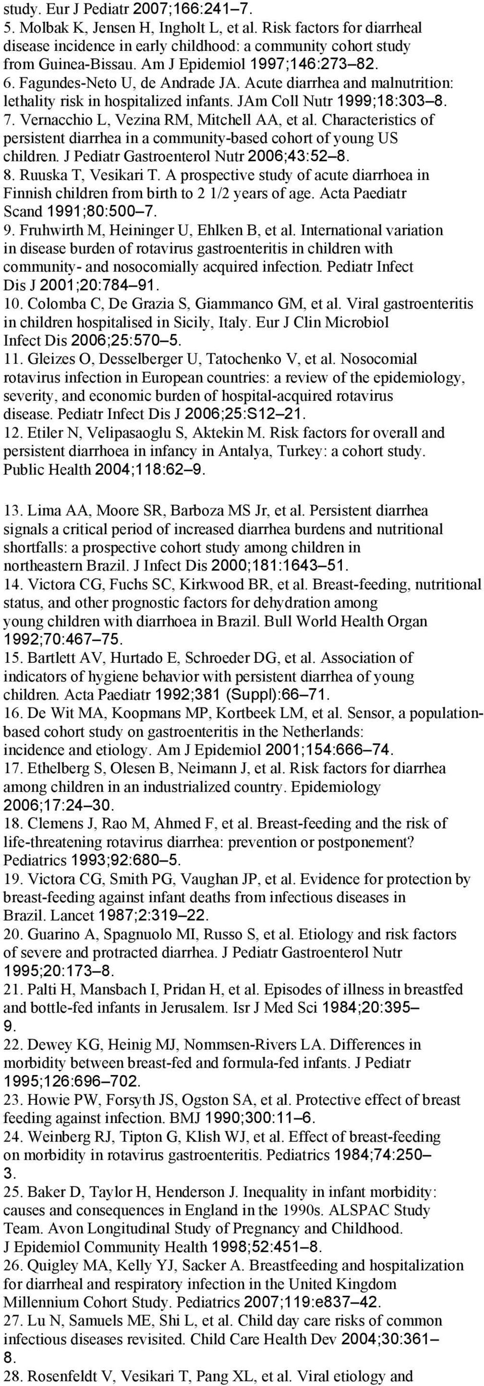Vernacchio L, Vezina RM, Mitchell AA, et al. Characteristics of persistent diarrhea in a community-based cohort of young US children. J Pediatr Gastroenterol Nutr 2006;43:52 8. 8. Ruuska T, Vesikari T.
