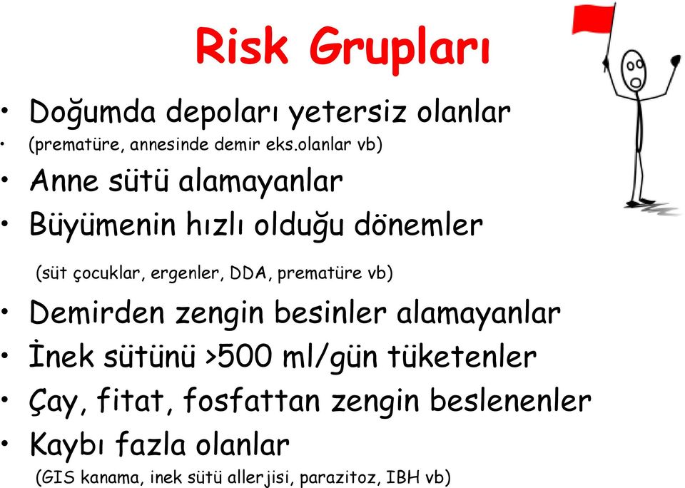 DDA, prematüre vb) Demirden zengin besinler alamayanlar İnek sütünü >500 ml/gün tüketenler