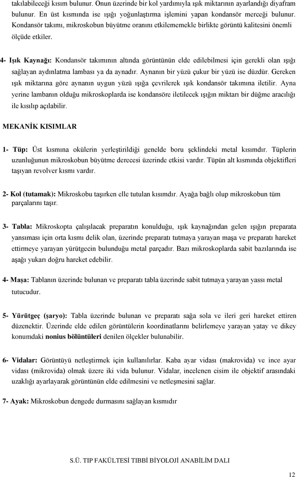 4- Işık Kaynağı: Kondansör takımının altında görüntünün elde edilebilmesi için gerekli olan ışığı sağlayan aydınlatma lambası ya da aynadır. Aynanın bir yüzü çukur bir yüzü ise düzdür.