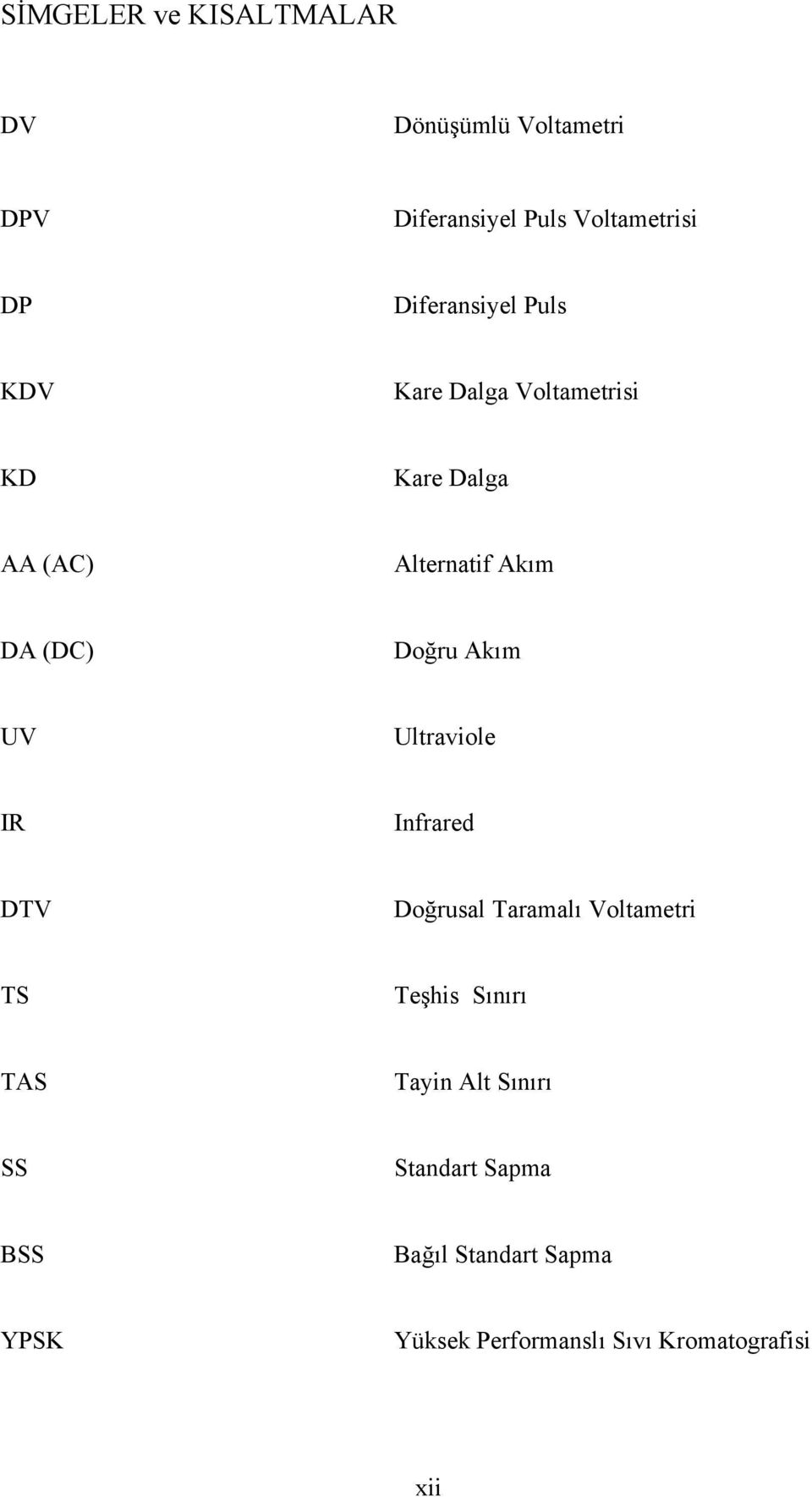 Doğru Akım UV Ultraviole IR Infrared DTV Doğrusal Taramalı Voltametri TS Teşhis Sınırı TAS