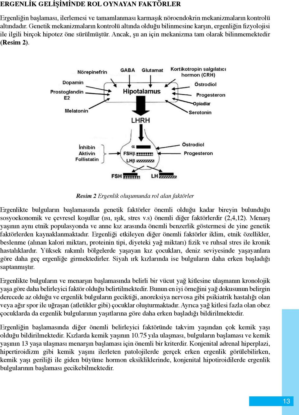 Resim 2 Ergenlik oluşumunda rol alan faktörler Ergenlikte bulguların başlamasında genetik faktörler önemli olduğu kadar bireyin bulunduğu sosyoekonomik ve çevresel koşullar (ısı, ışık, stres v.