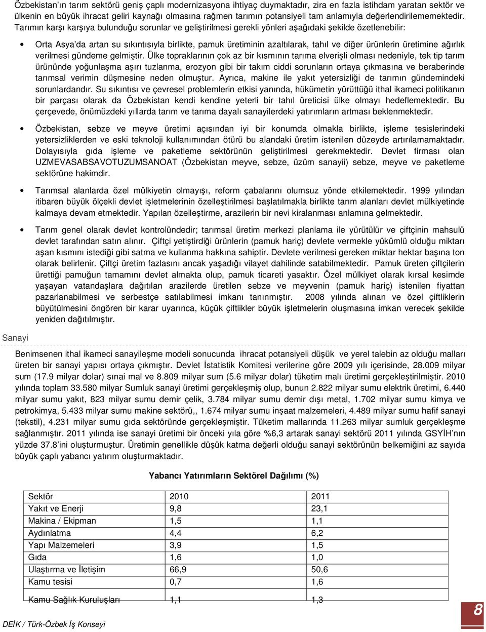 Tarımın karşı karşıya bulunduğu sorunlar ve geliştirilmesi gerekli yönleri aşağıdaki şekilde özetlenebilir: Sanayi Orta Asya da artan su sıkıntısıyla birlikte, pamuk üretiminin azaltılarak, tahıl ve