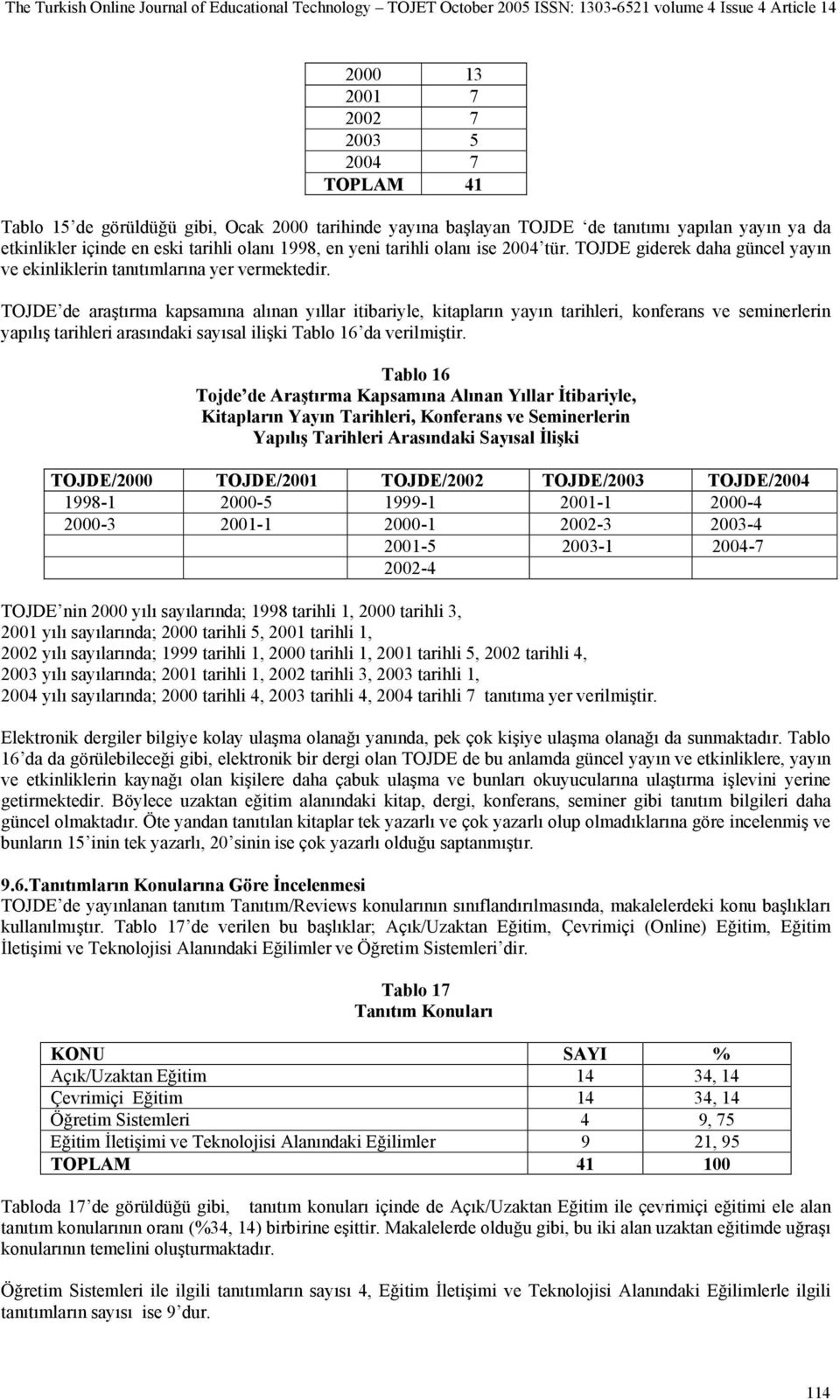 TOJDE de araştırma kapsamına alınan yıllar itibariyle, kitapların yayın tarihleri, konferans ve seminerlerin yapılış tarihleri arasındaki sayısal ilişki Tablo 16 da verilmiştir.