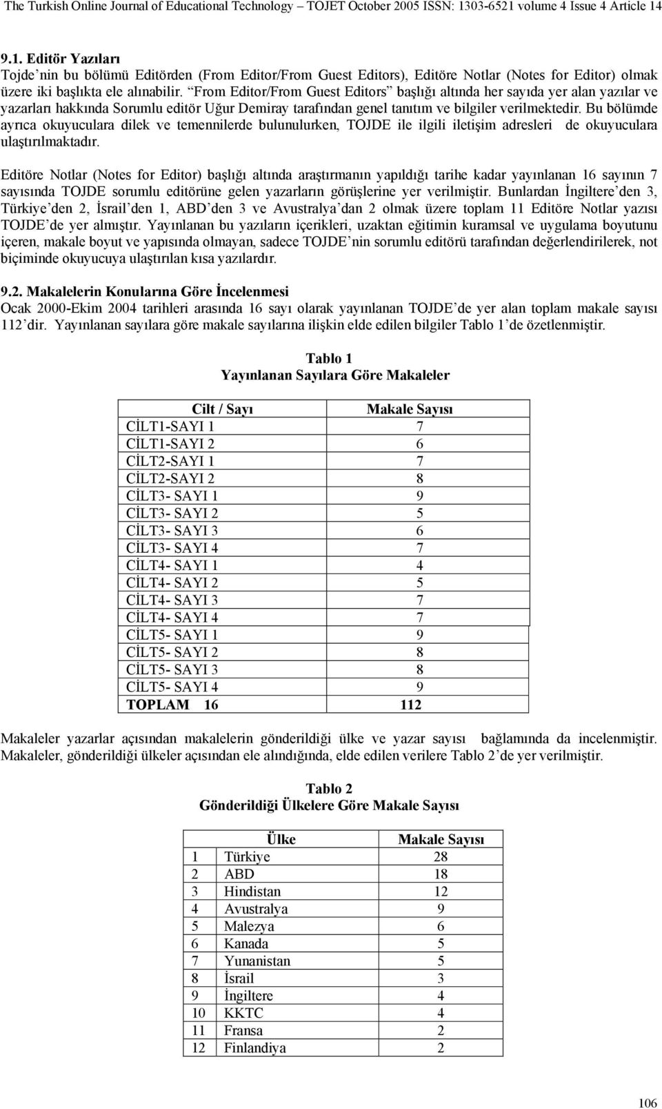 Bu bölümde ayrıca okuyuculara dilek ve temennilerde bulunulurken, TOJDE ile ilgili iletişim adresleri de okuyuculara ulaştırılmaktadır.