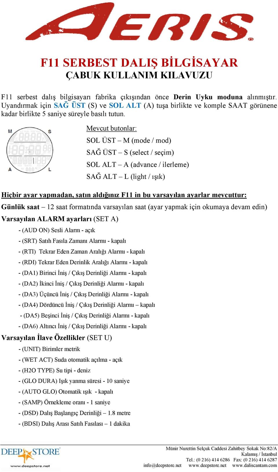 Mevcut butonlar: SOL ÜST M (mode / mod) SAĞ ÜST S (select / seçim) SOL ALT A (advance / ilerleme) SAĞ ALT L (light / ışık) Hiçbir ayar yapmadan, satın aldığınız F11 in bu varsayılan ayarlar