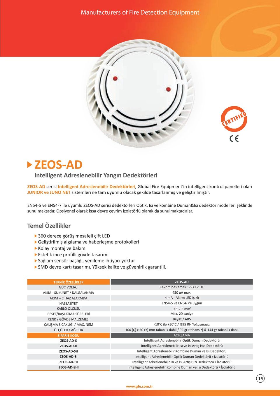 EN54-5 ve EN54-7 ile uyumlu ZEOS-AD serisi dedektörleri Optik, Isý ve kombine Duman&Isý dedektör modelleri þeklinde sunulmaktadýr.