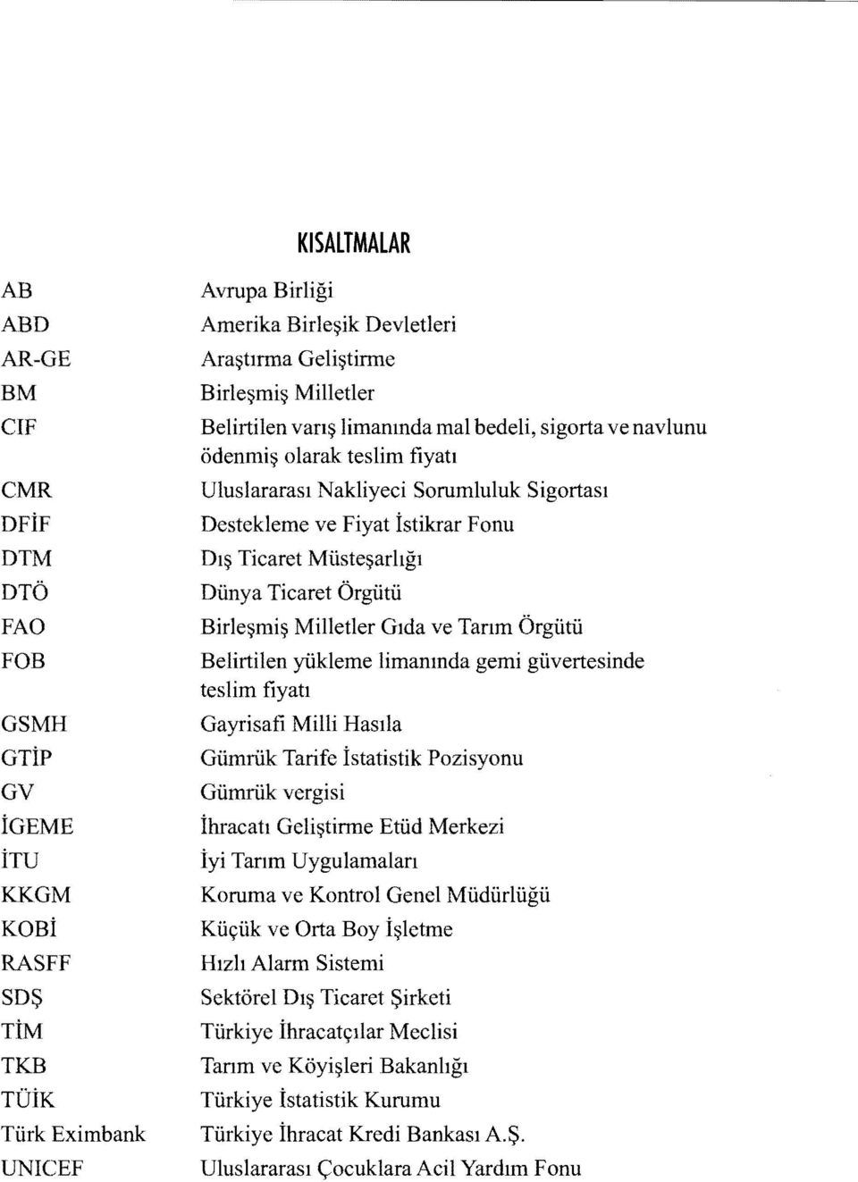 Müsteşarlığı Dünya Ticaret Örgütü Birleşmiş Milletler Gıda ve Tarım Örgütü Belirtilen yükleme limanında gemi güvertesinde teslim fiyatı Gayrisafi Milli Hasıla Gümrük Tarife İstatistik Pozisyonu