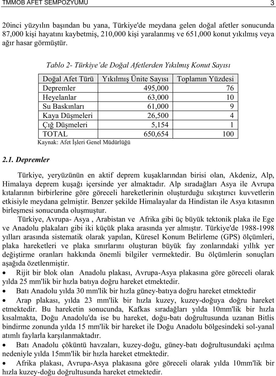 Depremler Tablo 2- Türkiye de Do al Afetlerden Yıkılmı Konut Sayısı Do al Afet Türü Yıkılmı Ünite Sayısı Toplamın Yüzdesi Depremler 495,000 76 Heyelanlar 63,000 10 Su Baskınları 61,000 9 Kaya Dü