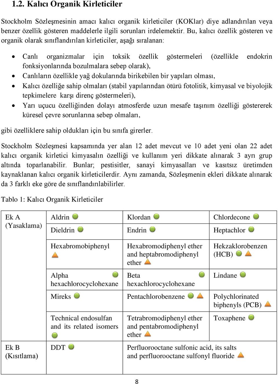 olarak), Canlıların özellikle yağ dokularında birikebilen bir yapıları olması, Kalıcı özelliğe sahip olmaları (stabil yapılarından ötürü fotolitik, kimyasal ve biyolojik tepkimelere karşı direnç